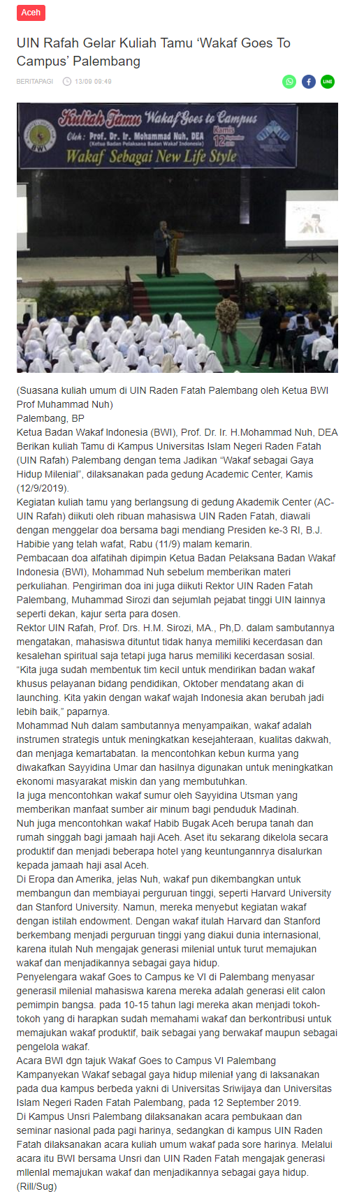 UIN Rafah Gelar Kuliah Tamu “Wakaf Goes To Campus” Palembang