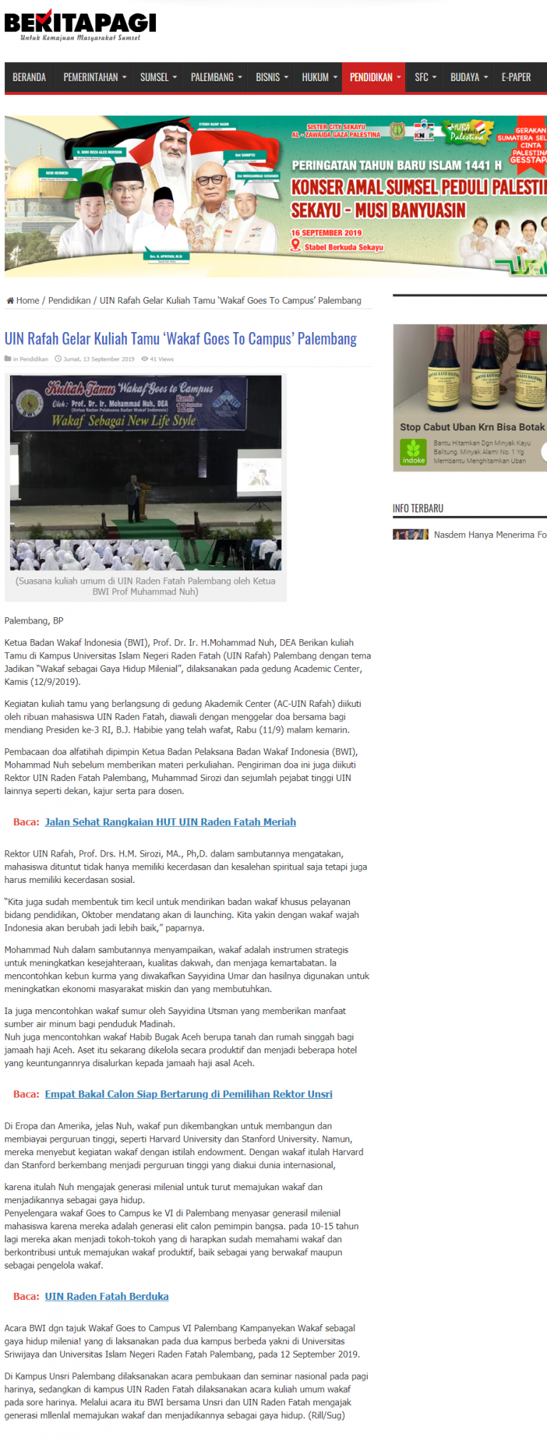 UIN Rafah Gelar Kuliah Tamu “Wakaf Goes To Campus” Palembang
