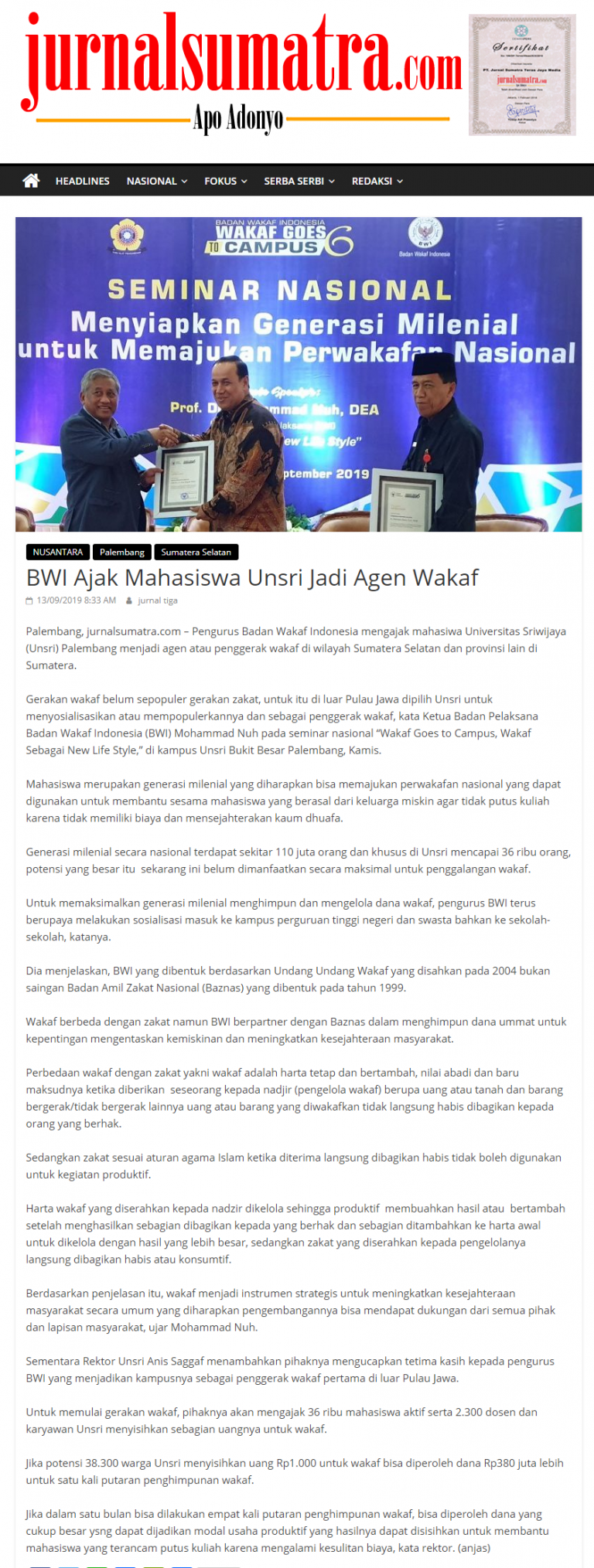 BWI Ajak Mahasiswa Unsri Jadi Agen Wakaf