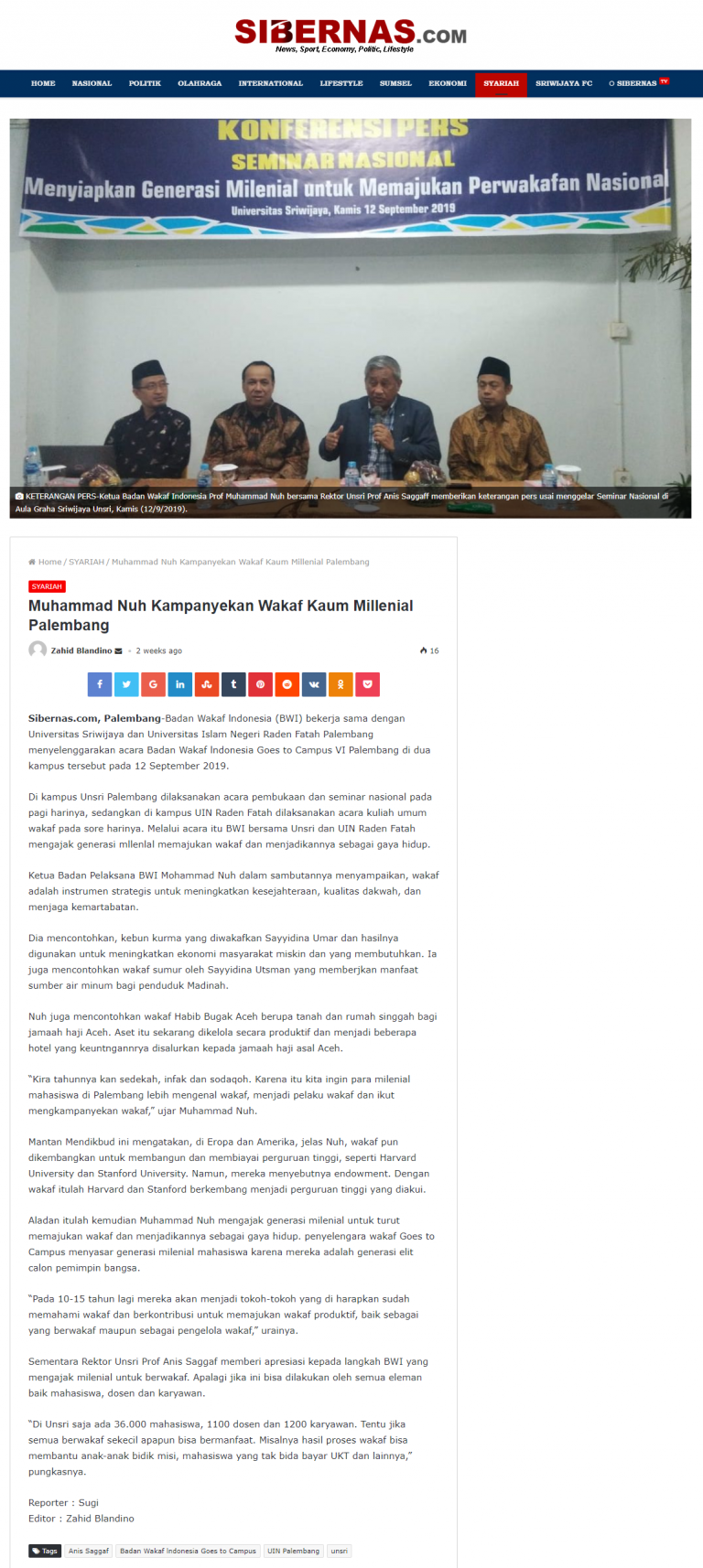 Muhammad Nuh Kampanyekan Wakaf Millenial Palembang