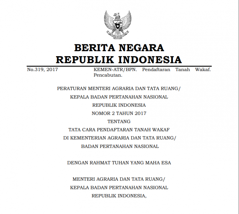 Peraturan Menteri Agraria Nomor 2 Tahun 2017 Tentang Tata Cara Pendaftaran Tanah Wakaf